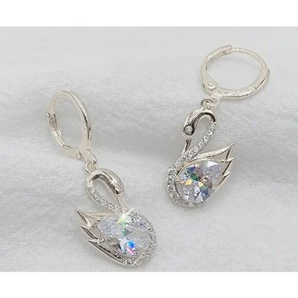 Swan Drop Earrings Rhinestone and Faux Diamond Dainty Pretty - Picture 1 of 4